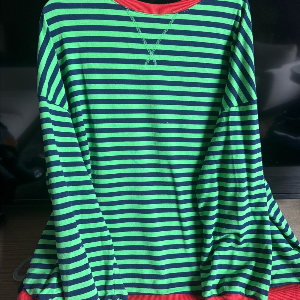 Green and Navy Striped Long Sleeve Top